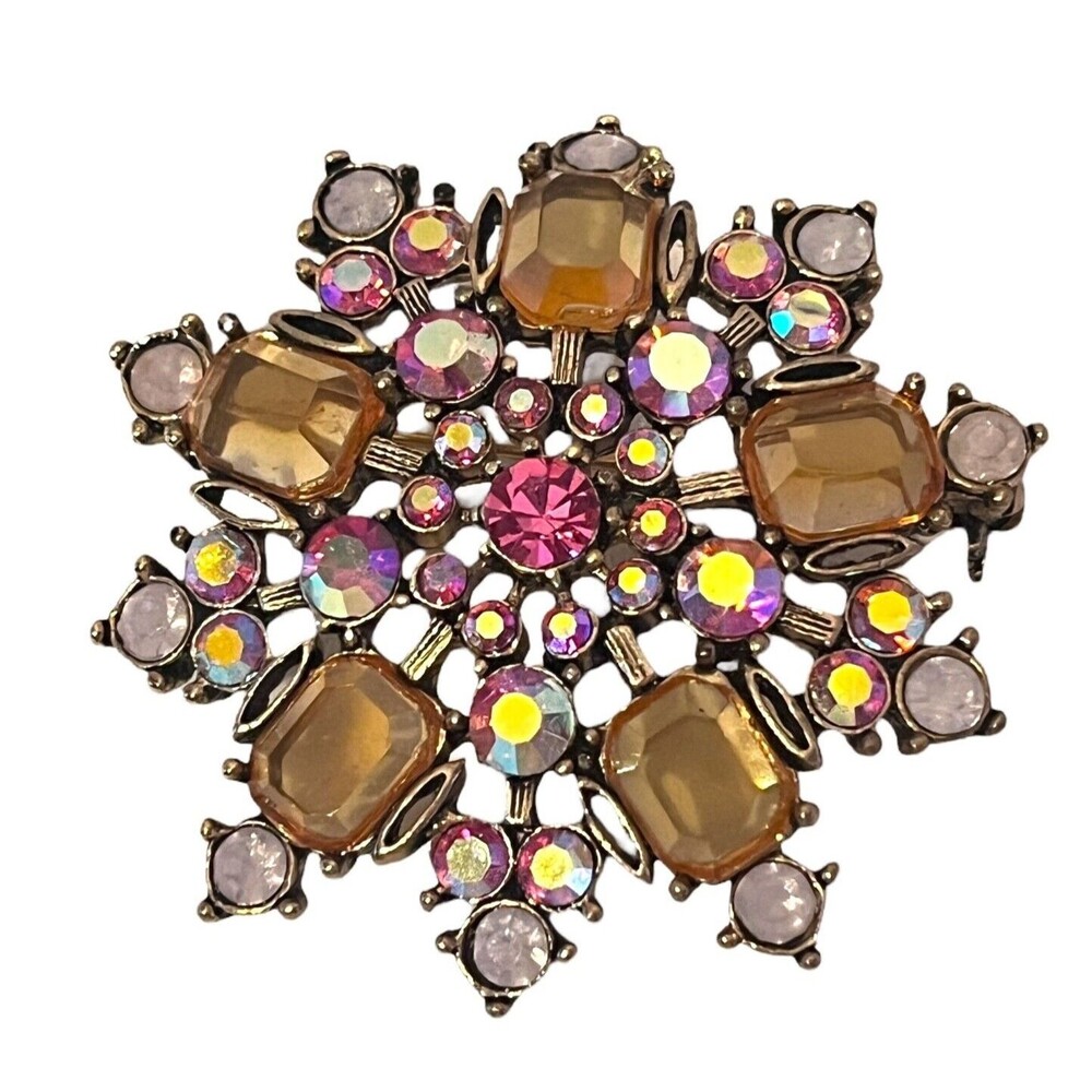 Vintage 1980s Snowflake Brooch Aurora Borealis Crystal Gold Tone Pin - 6D